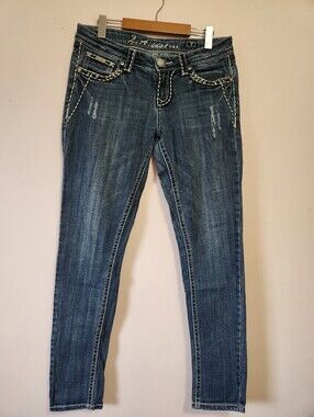 Y2K L.A. Idol McBling Rhinestone Thick Stitch Denim Straight Leg Jeans Size 7/28